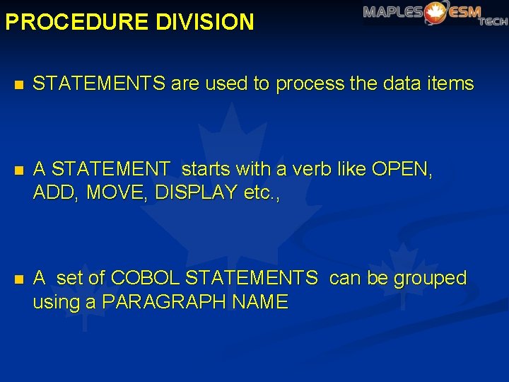 PROCEDURE DIVISION n STATEMENTS are used to process the data items n A STATEMENT