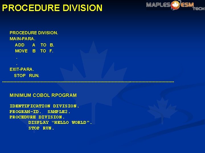 PROCEDURE DIVISION. MAIN-PARA. ADD A TO B. MOVE B TO F. . . EXIT-PARA.