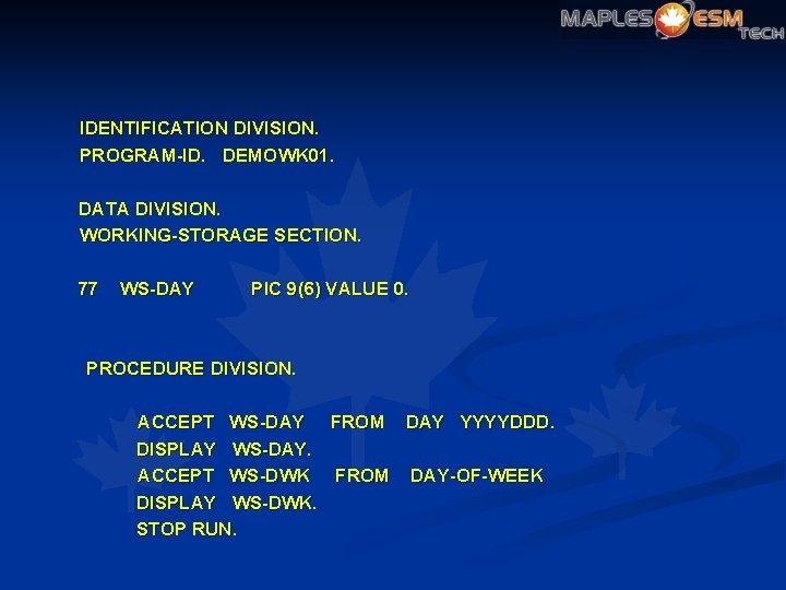 IDENTIFICATION DIVISION. PROGRAM-ID. DEMOWK 01. DATA DIVISION. WORKING-STORAGE SECTION. 77 WS-DAY PIC 9(6) VALUE