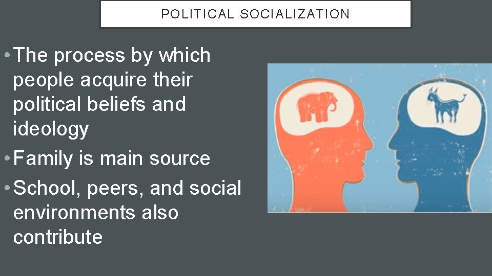 POLITICAL SOCIALIZATION • The process by which people acquire their political beliefs and ideology