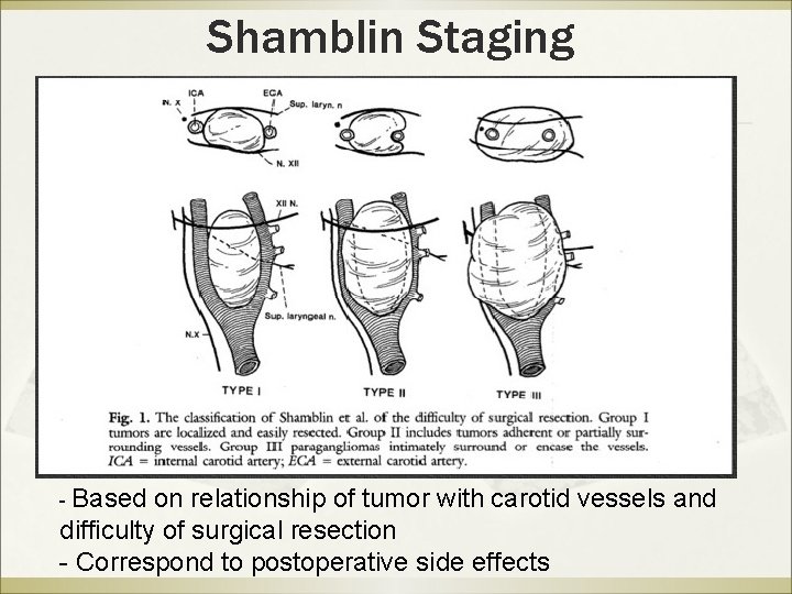 Shamblin Staging - Based on relationship of tumor with carotid vessels and difficulty of