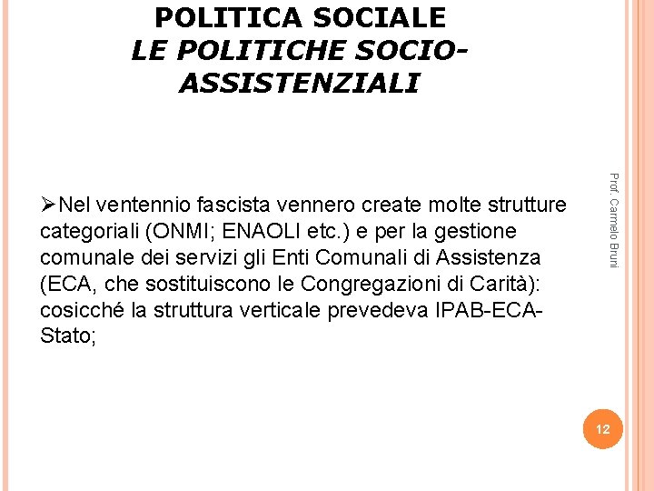 POLITICA SOCIALE LE POLITICHE SOCIOASSISTENZIALI Prof. Carmelo Bruni ØNel ventennio fascista vennero create molte POLITICA SOCIALE LE POLITICHE SOCIOASSISTENZIALI Prof. Carmelo Bruni ØNel ventennio fascista vennero create molte