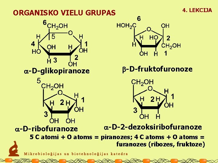 ORGANISKO VIELU GRUPAS a-D-glikopiranoze a-D-ribofuranoze 4. LEKCIJA b-D-fruktofuronoze a-D-2 -dezoksiribofuranoze 5 C atomi +