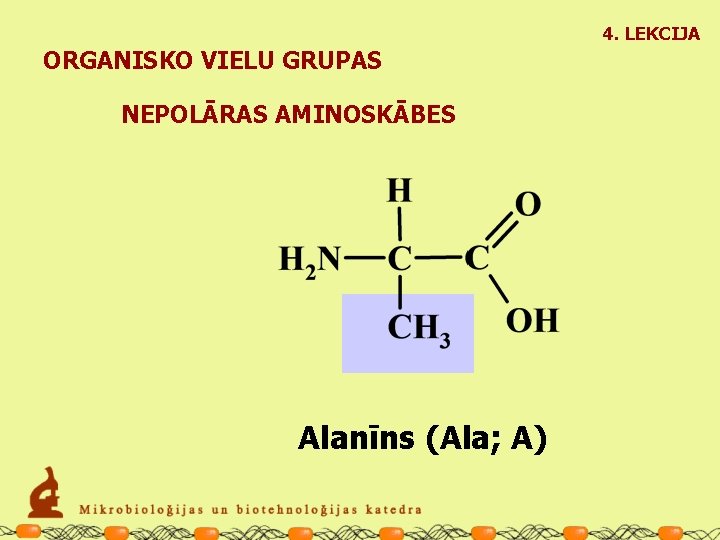 4. LEKCIJA ORGANISKO VIELU GRUPAS NEPOLĀRAS AMINOSKĀBES Alanīns (Ala; A) 