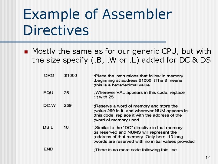 Example of Assembler Directives n Mostly the same as for our generic CPU, but Example of Assembler Directives n Mostly the same as for our generic CPU, but
