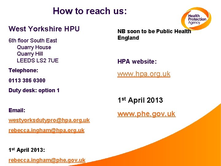 How to reach us: West Yorkshire HPU 6 th floor South East Quarry House