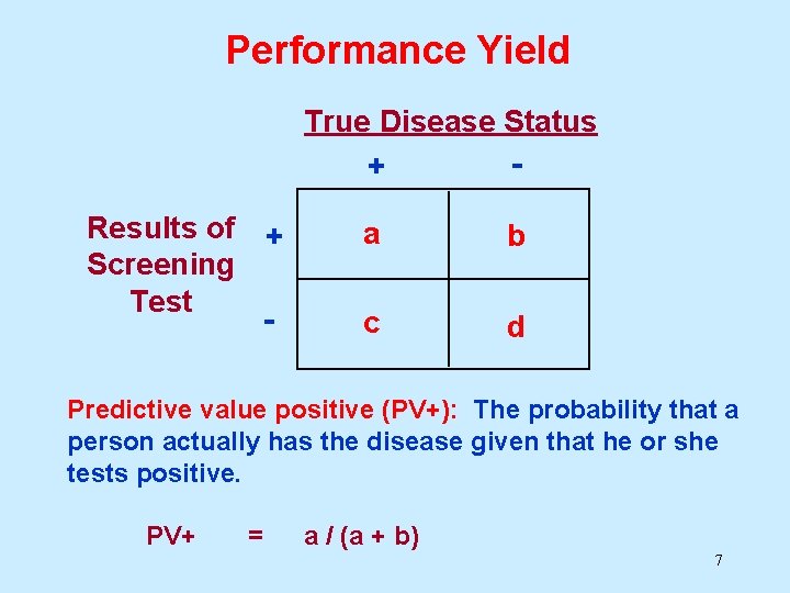 Performance Yield True Disease Status + Results of + Screening Test - a b