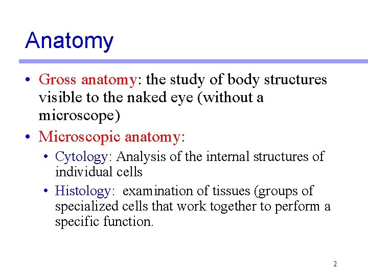 Anatomy • Gross anatomy: the study of body structures visible to the naked eye