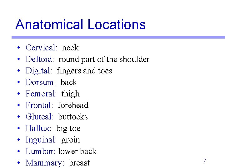 Anatomical Locations • • • Cervical: neck Deltoid: round part of the shoulder Digital: