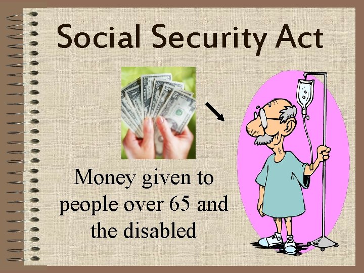 Social Security Act Money given to people over 65 and the disabled 