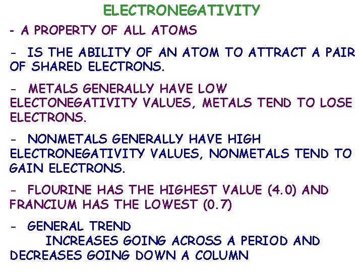 ELECTRONEGATIVITY - A PROPERTY OF ALL ATOMS - IS THE ABILITY OF AN ATOM