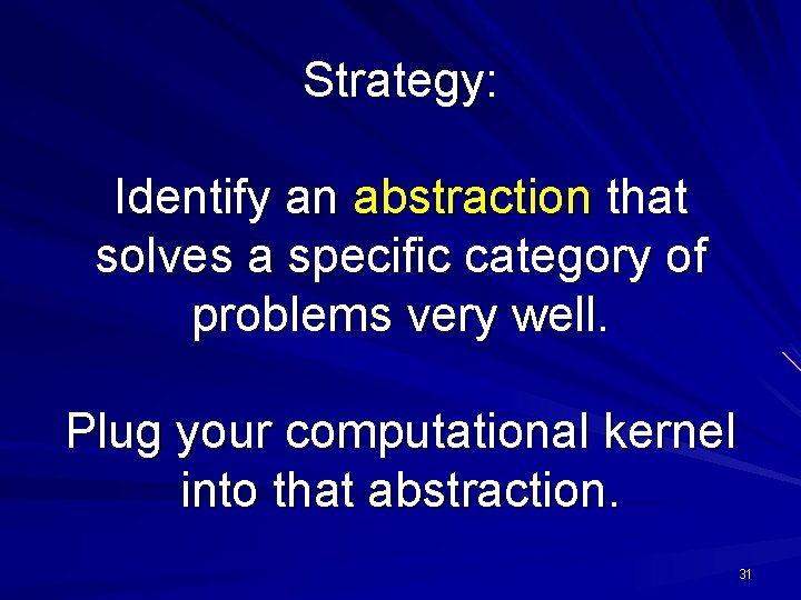 Strategy: Identify an abstraction that solves a specific category of problems very well. Plug