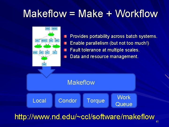 Makeflow = Make + Workflow Provides portability across batch systems. Enable parallelism (but not
