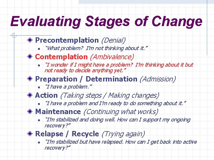Evaluating Stages of Change Precontemplation (Denial) n “What problem? I’m not thinking about it.