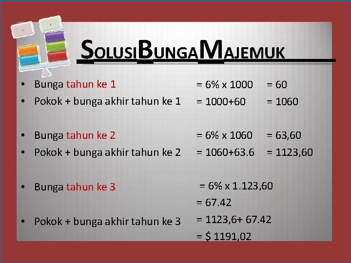 SOLUSIBUNGAMAJEMUK • Bunga tahun ke 1 • Pokok + bunga akhir tahun ke 1