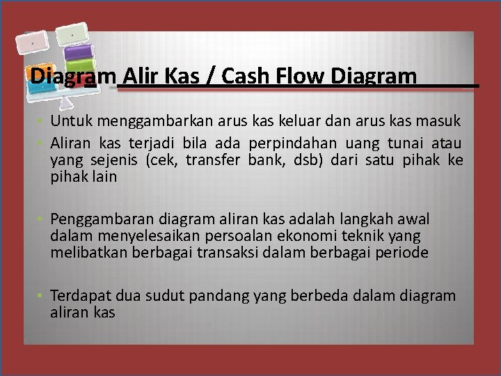 Diagram Alir Kas / Cash Flow Diagram • Untuk menggambarkan arus kas keluar dan