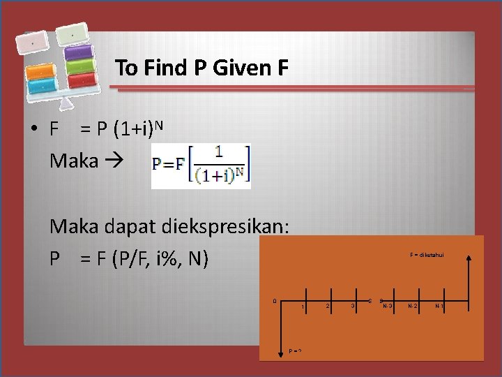 To Find P Given F • F = P (1+i)N Maka dapat diekspresikan: P