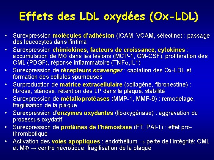Effets des LDL oxydées (Ox-LDL) • Surexpression molécules d’adhésion (ICAM, VCAM, sélectine) : passage