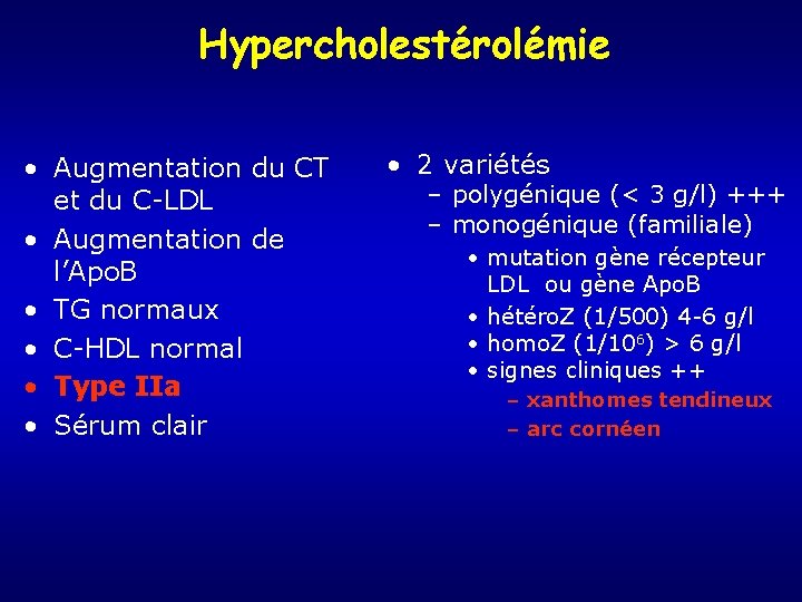Hypercholestérolémie • Augmentation du CT et du C-LDL • Augmentation de l’Apo. B •