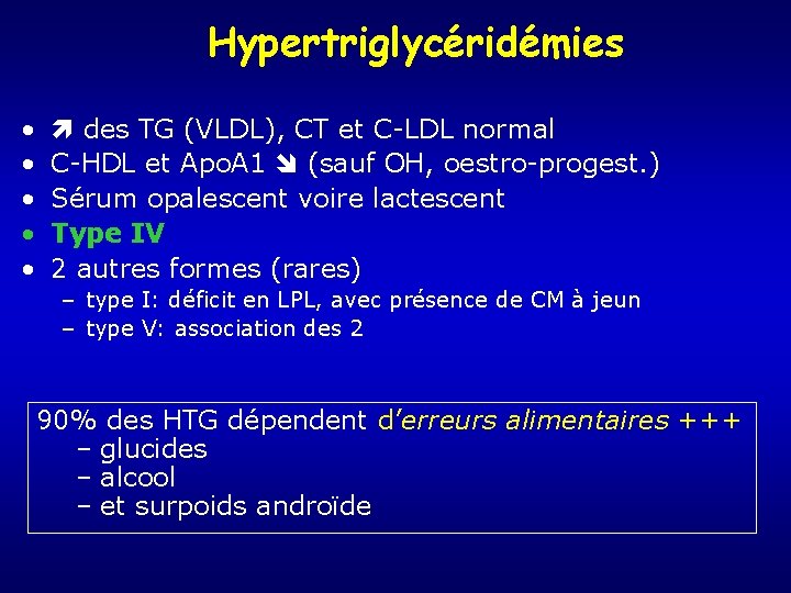 Hypertriglycéridémies • • • des TG (VLDL), CT et C-LDL normal C-HDL et Apo.