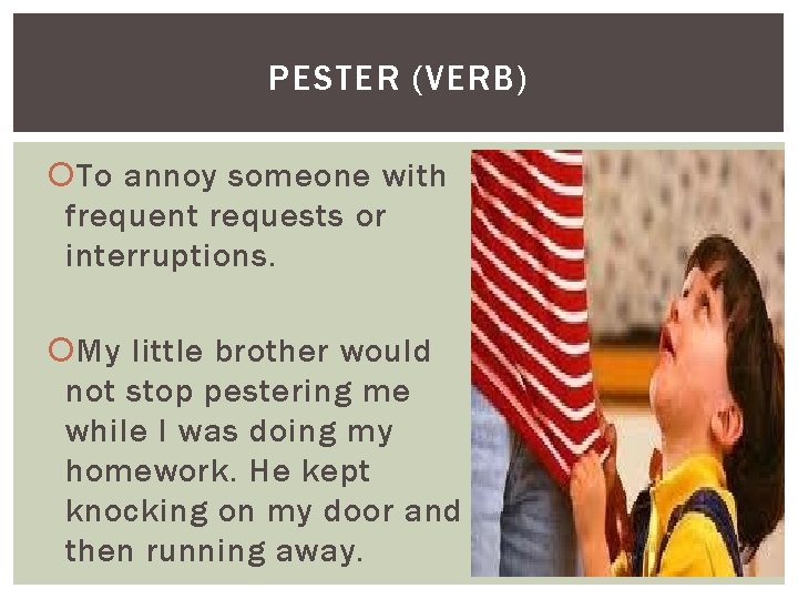 PESTER (VERB) To annoy someone with frequent requests or interruptions. My little brother would