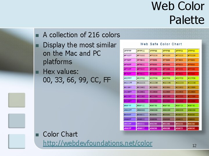 Web Color Palette n n A collection of 216 colors Display the most similar