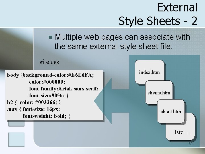 External Style Sheets - 2 n Multiple web pages can associate with the same