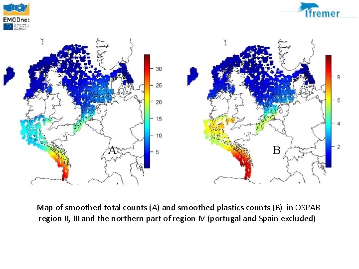 A B Map of smoothed total counts (A) and smoothed plastics counts (B) in