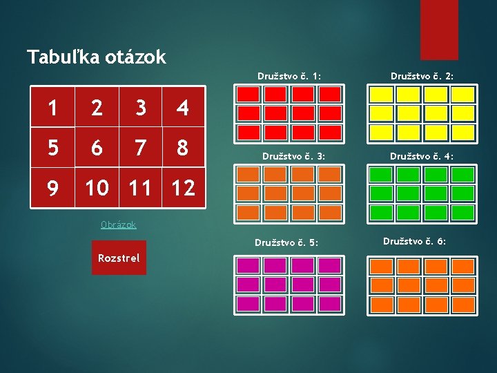 Tabuľka otázok Družstvo č. 1: 1 5 9 2 6 3 7 4 8