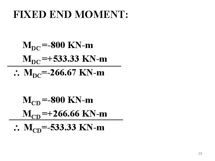 FIXED END MOMENT: MDC =-800 KN-m MDC =+533. 33 KN-m MDC=-266. 67 KN-m MCD