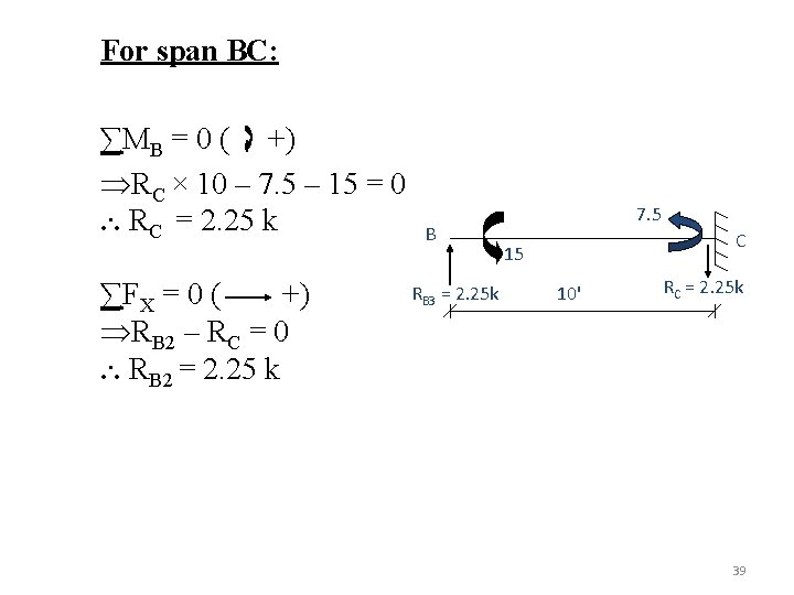 For span BC: ∑MB = 0 ( +) RC × 10 – 7. 5