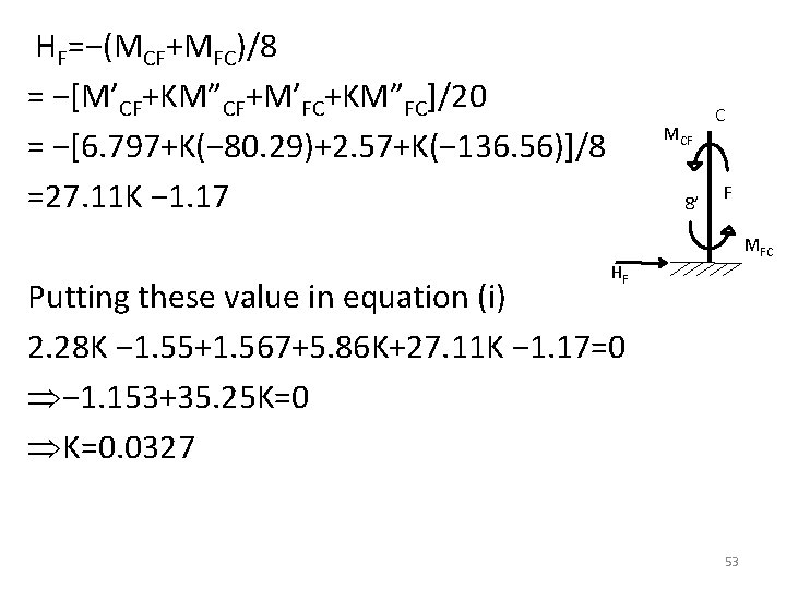 HF=−(MCF+MFC)/8 = −[M’CF+KM”CF+M’FC+KM”FC]/20 = −[6. 797+K(− 80. 29)+2. 57+K(− 136. 56)]/8 =27. 11 K