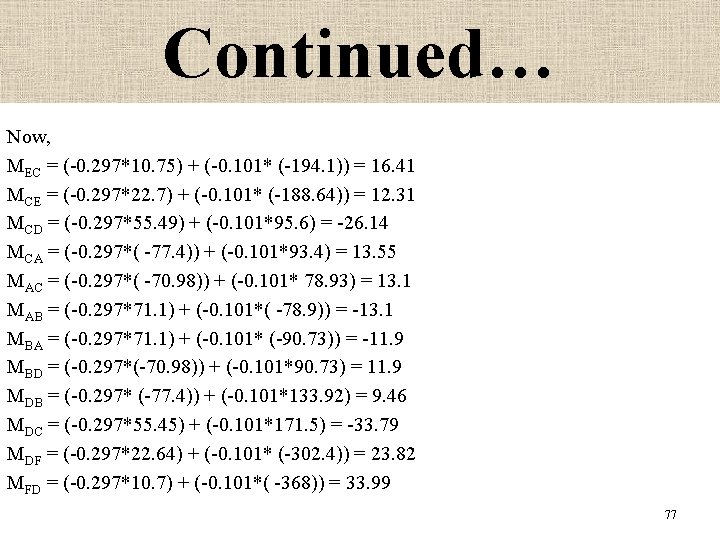 Continued… Now, MEC = (-0. 297*10. 75) + (-0. 101* (-194. 1)) = 16.