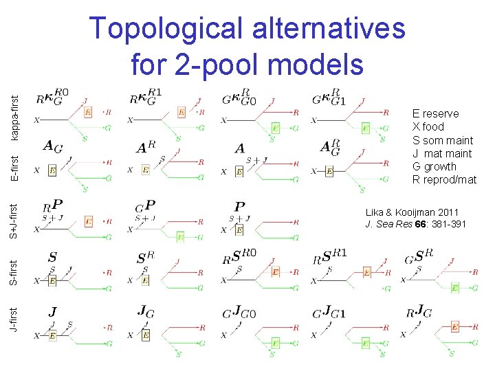 J-first S+J-first E-first kappa-first Topological alternatives for 2 -pool models E reserve X food