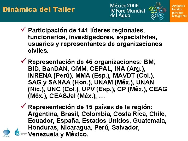 Dinámica del Taller ü Participación de 141 líderes regionales, funcionarios, investigadores, especialistas, usuarios y