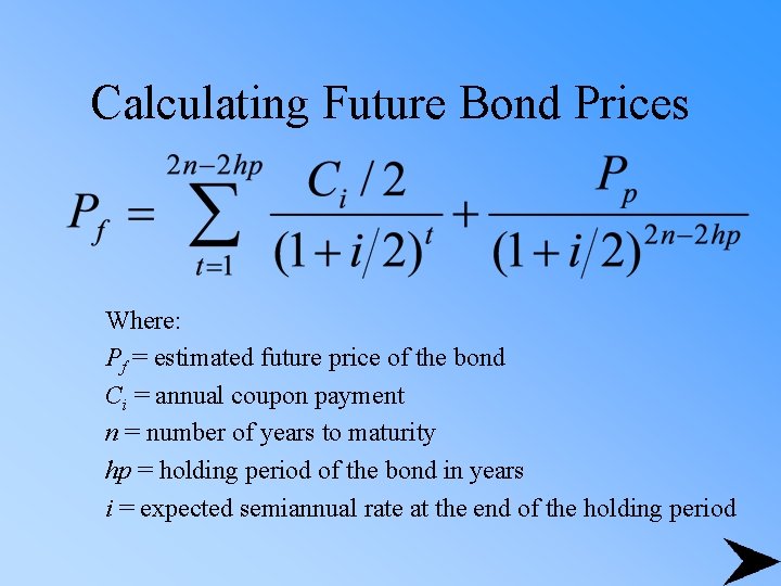 Calculating Future Bond Prices Where: Pf = estimated future price of the bond Ci