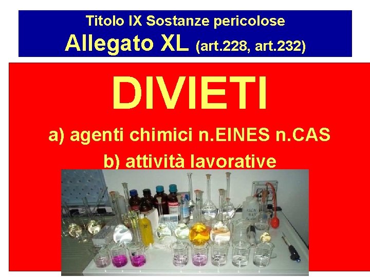 Titolo IX Sostanze pericolose Allegato XL (art. 228, art. 232) DIVIETI a) agenti chimici