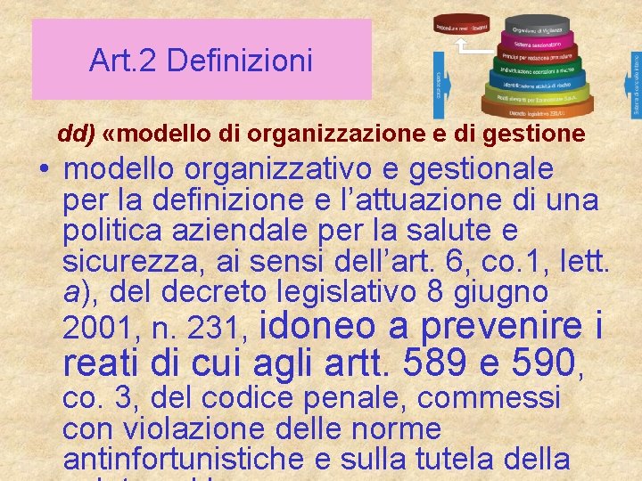 Art. 2 Definizioni dd) «modello di organizzazione e di gestione • modello organizzativo e