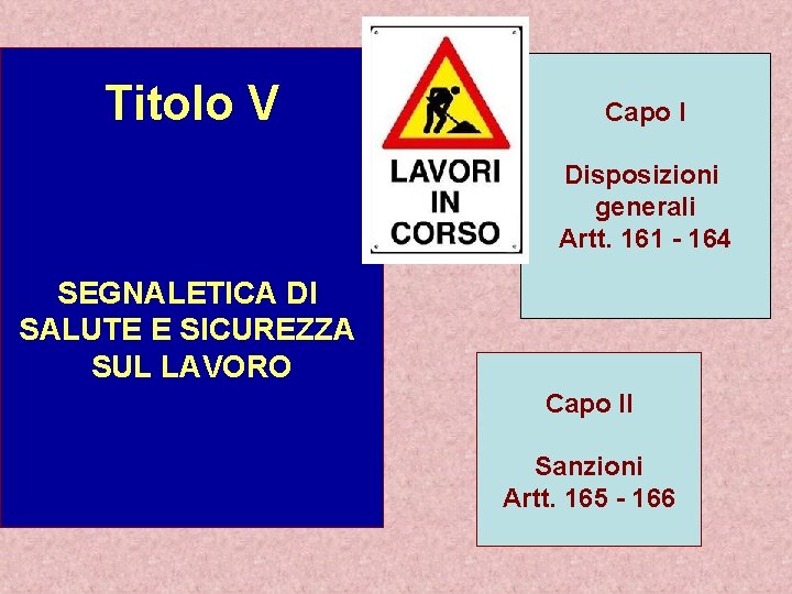 Titolo V Capo I Disposizioni generali Artt. 161 - 164 SEGNALETICA DI SALUTE E