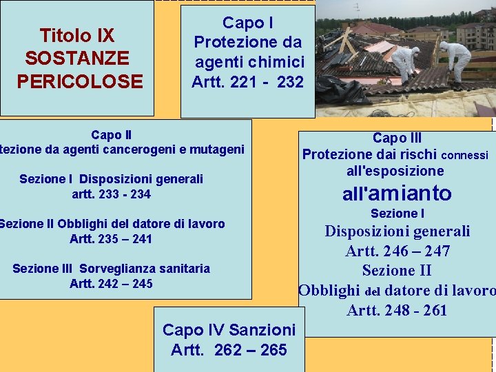 Titolo IX SOSTANZE PERICOLOSE Capo I Protezione da agenti chimici Artt. 221 - 232