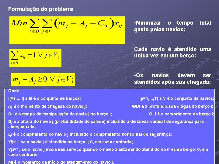 Formulação do problema • Minimizar o tempo gasto pelos navios; total Cada navio é