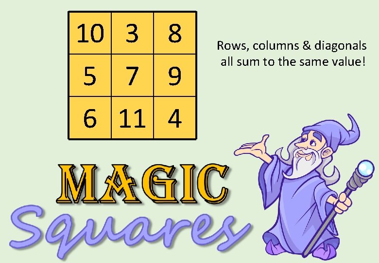 10 3 8 5 7 9 6 11 4 Rows, columns & diagonals all