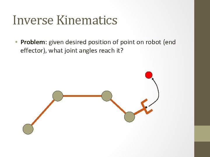 Inverse Kinematics • Problem: given desired position of point on robot (end effector), what