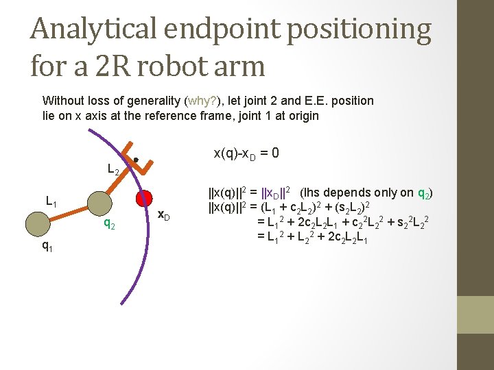 Analytical endpoint positioning for a 2 R robot arm Without loss of generality (why?