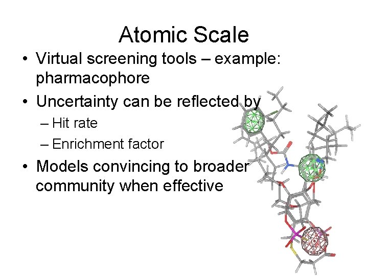 Atomic Scale • Virtual screening tools – example: pharmacophore • Uncertainty can be reflected