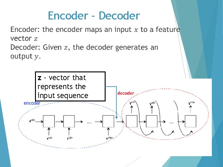 Encoder - Decoder z - vector that represents the input sequence 