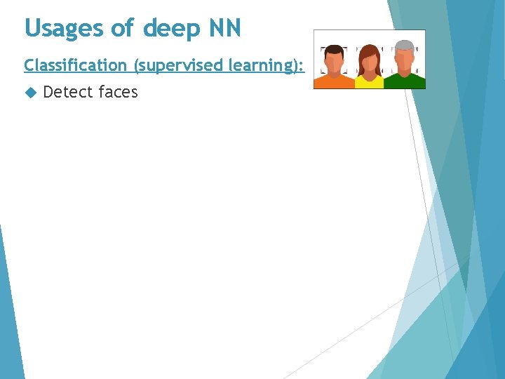 Usages of deep NN Classification (supervised learning): Detect faces 