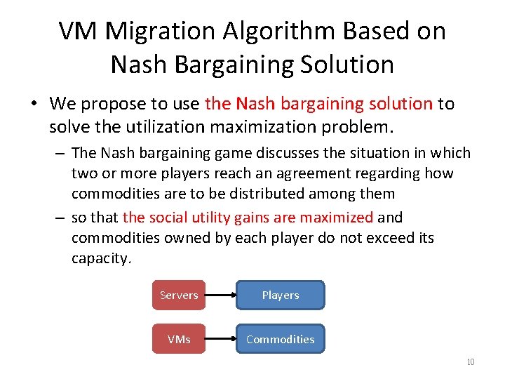 VM Migration Algorithm Based on Nash Bargaining Solution • We propose to use the