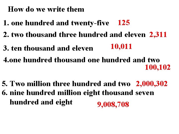 How do we write them 1. one hundred and twenty-five 125 2. two thousand