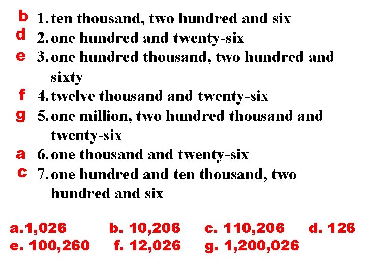 b 1. ten thousand, two hundred and six d 2. one hundred and twenty-six